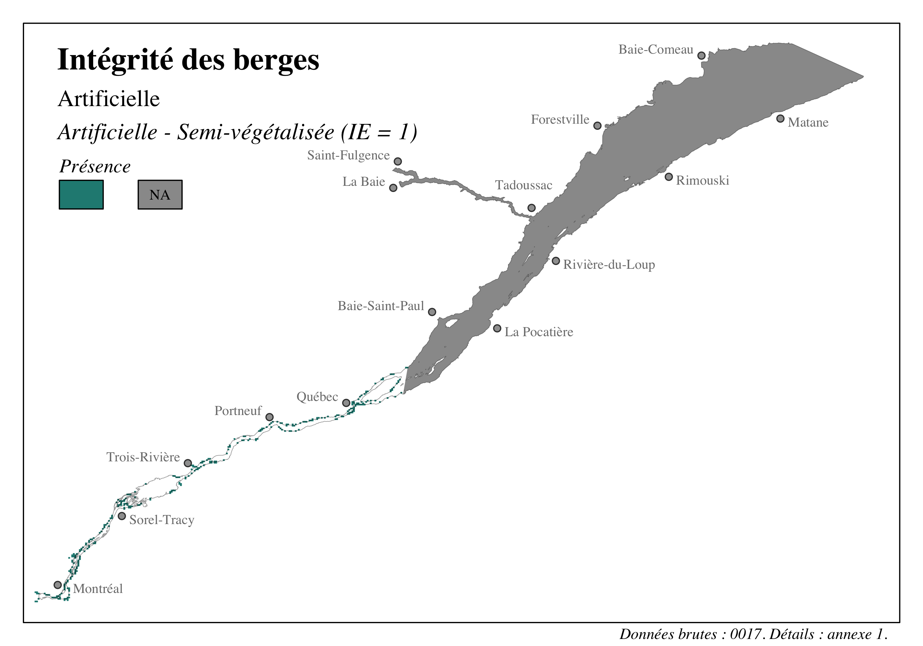 Distribution des segments de berge sensibles à l'érosion dans le Saint-Laurent et le Saguenay - Artificielle - Semi-végétalisée (IE = 1)