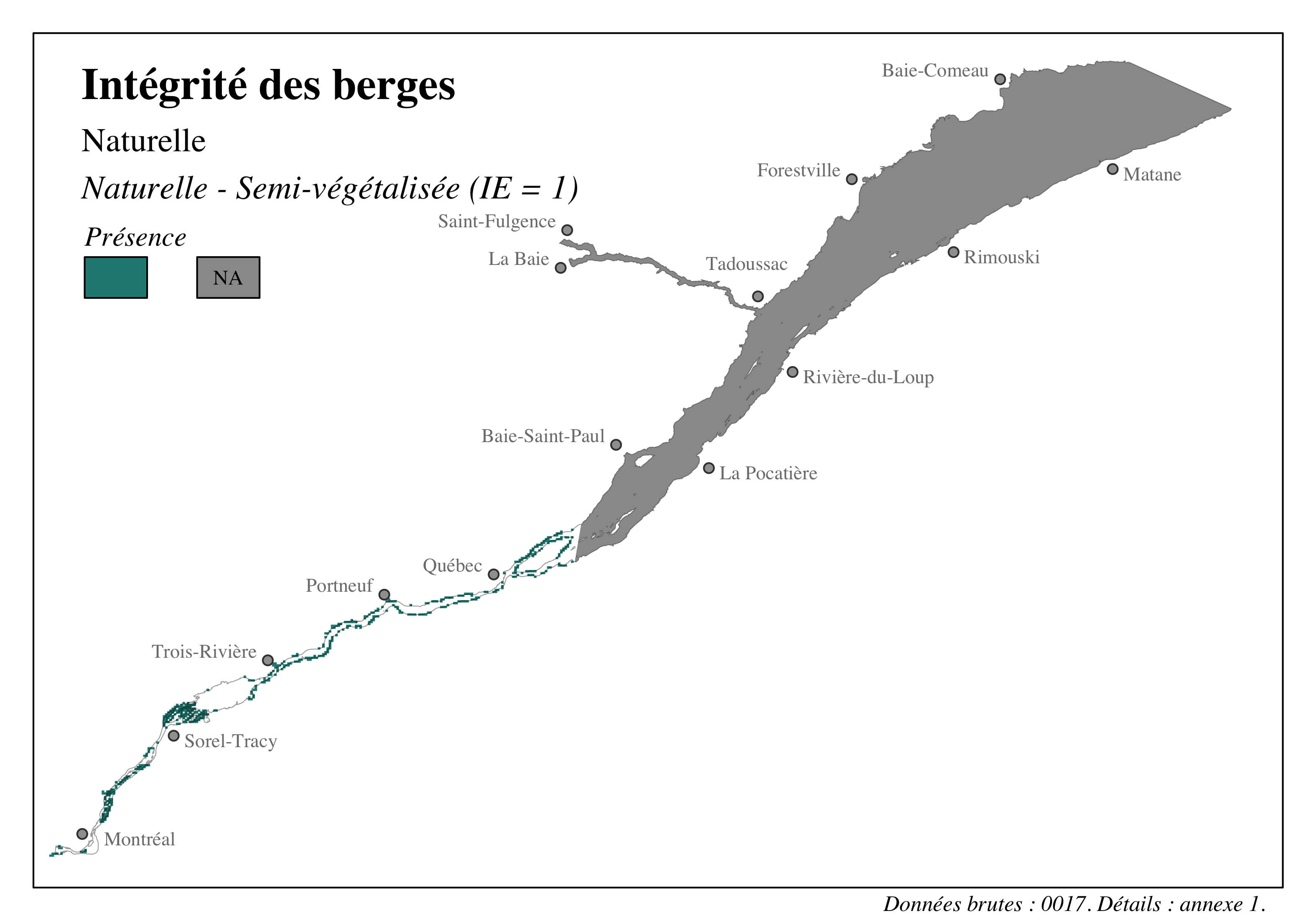 Distribution des segments de berge sensibles à l'érosion dans le Saint-Laurent et le Saguenay - Naturelle - Semi-végétalisée (IE = 1)