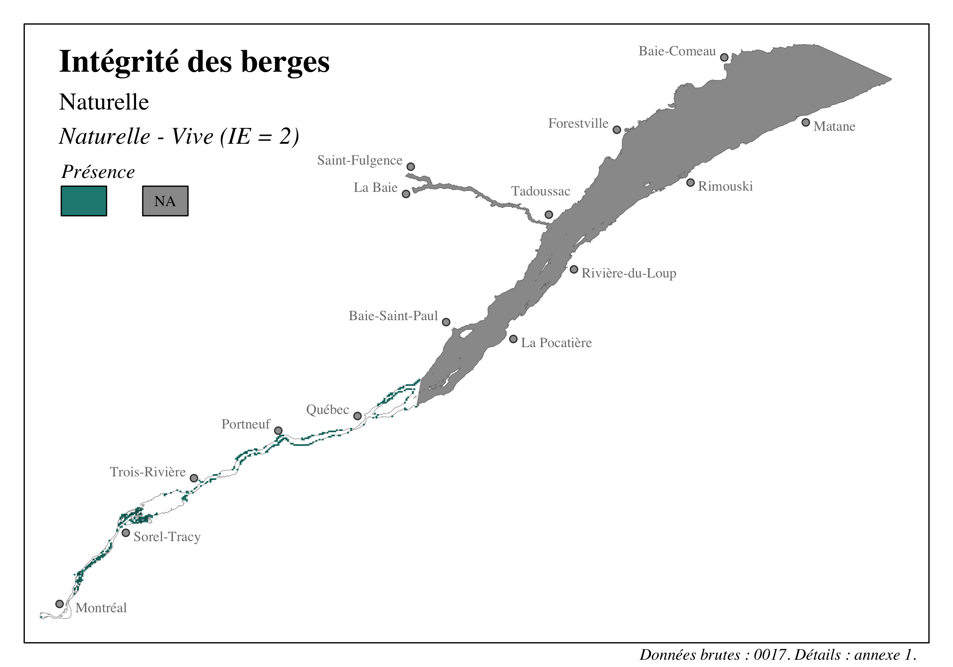 Distribution des segments de berge sensibles à l'érosion dans le Saint-Laurent et le Saguenay - Naturelle - Vive (IE = 2)