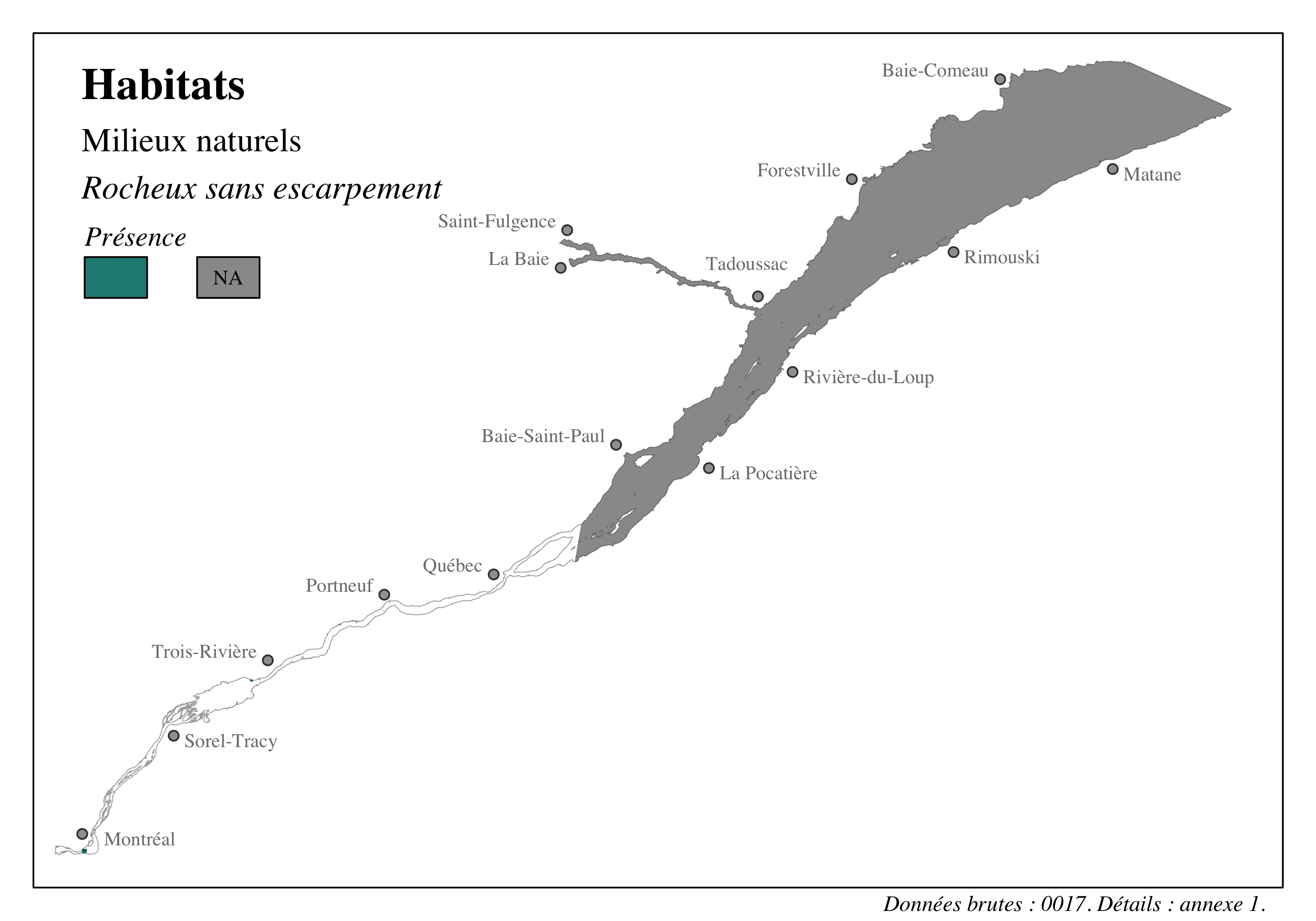 Distribution des habitats dans le Saint-Laurent et le Saguenay - Rocheux sans escarpement