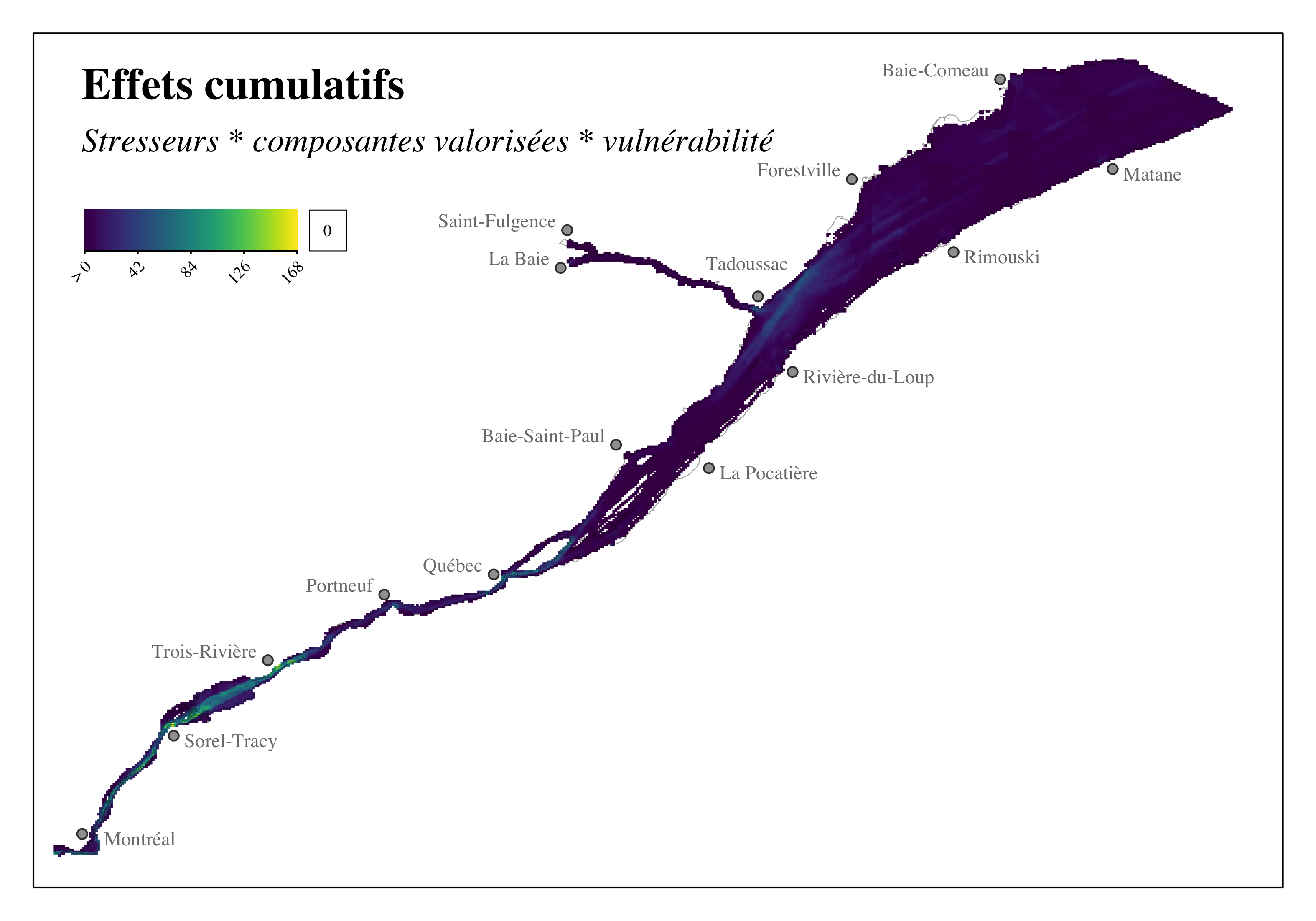 Distribution des effets cumulatifs des sources de stress reliés aux activités maritimes sur les composantes valorisée